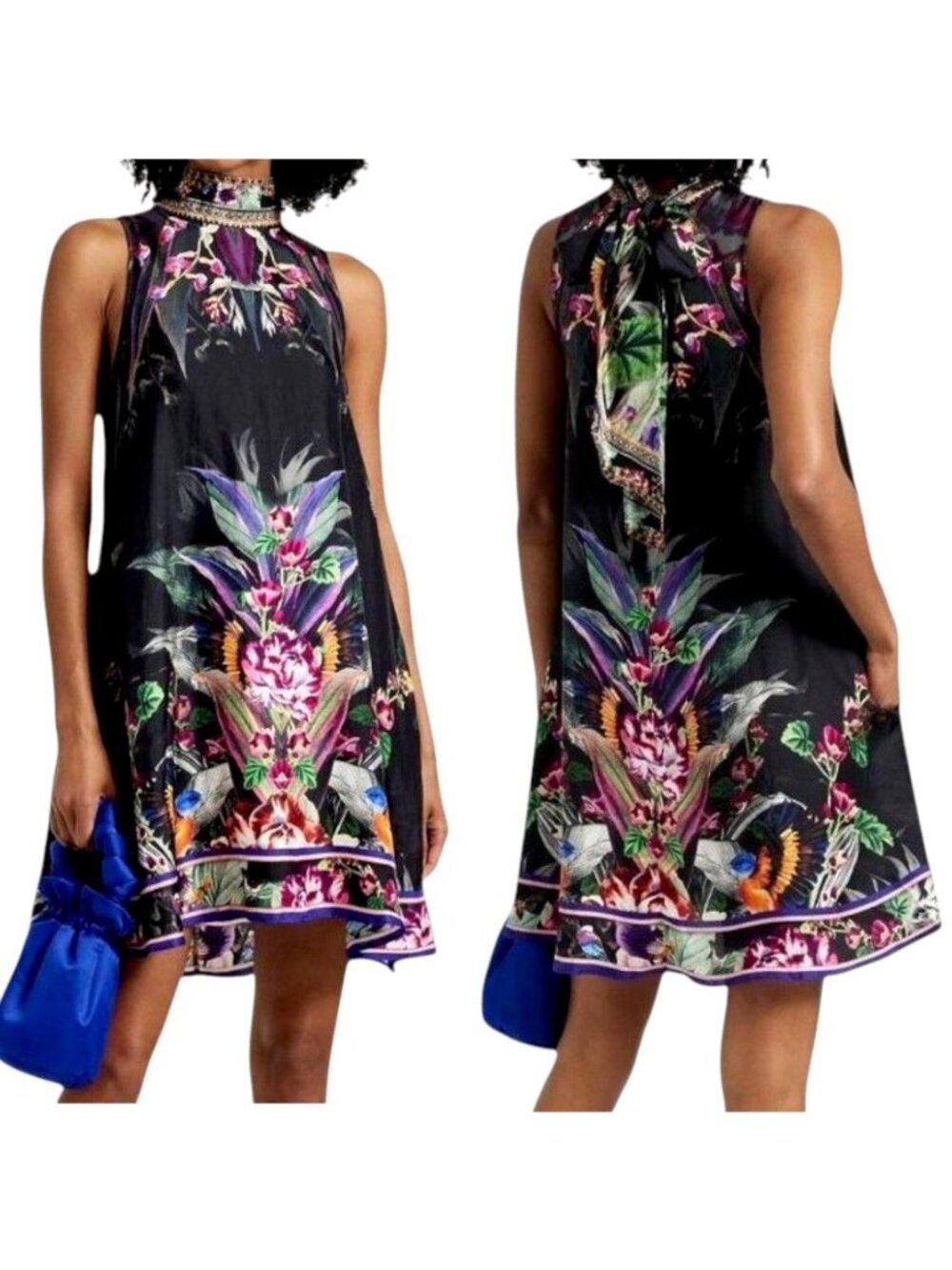 CAMILLA Paradiso Place Silk Necktie Halter Dress XS Crystal Embellished Floral